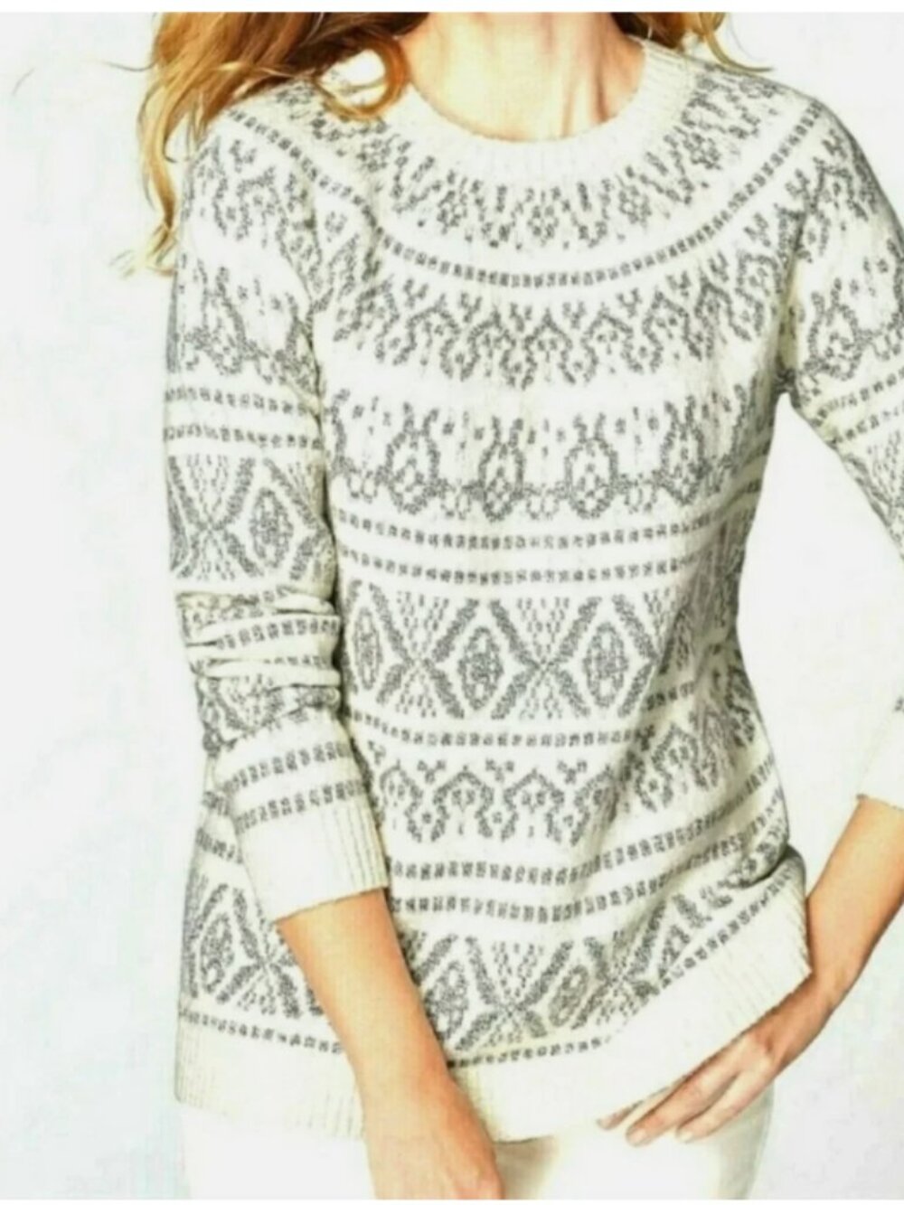 J. Jill Fair Isle Sweater White Ivory Gray Nordic Knit Cotton Blend Sz Medium M